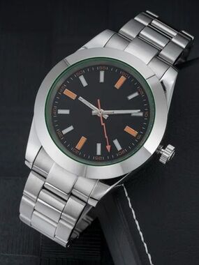 Stainless Steel Men's Analog Watch with Black Dial and Green Accent